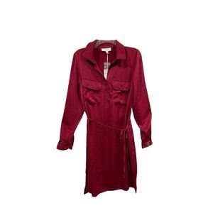 Lucky Brand Satin Feel Long Sleeve Dress Tie Waist Midi Red Burgundy Size Medium
